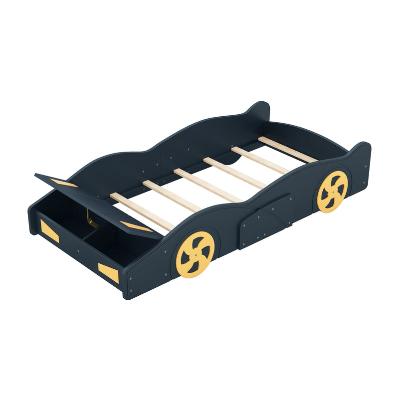 Twin Size Race Car-Shaped Platform Bed with Wheels and Storage, Dark Blue+Yellow