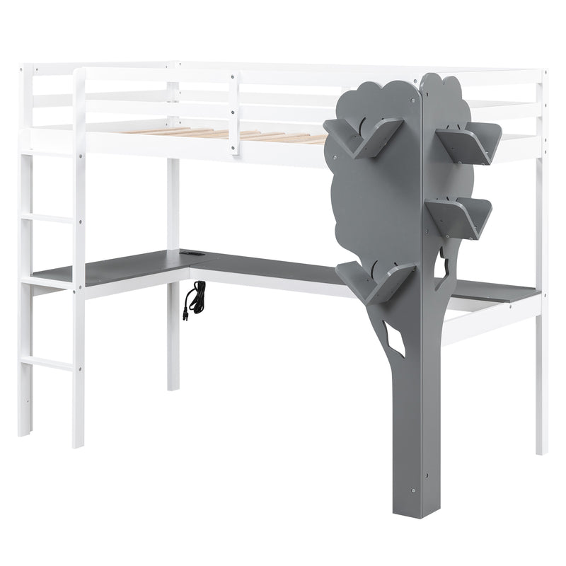 Twin Size Loft Bed with L-shaped Desk,Tree Shape Bookcase and Charging Station, White+Gray