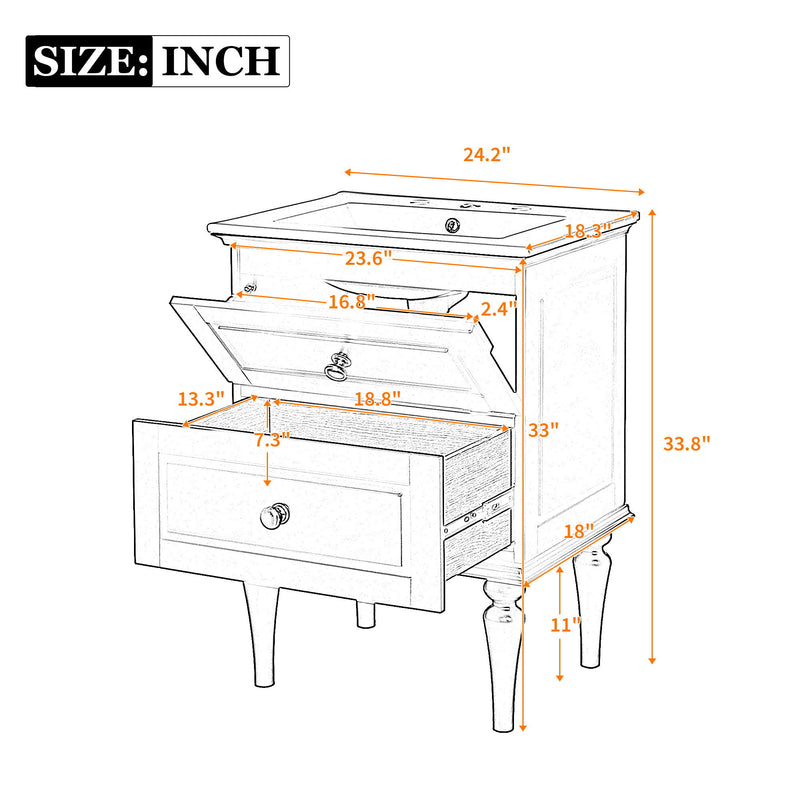 Bathroom Vanity Cabinet With Ceramic Sink Combo Set, Frame Modern Bathroom Storage Cabinet With 2 Drawers - Black