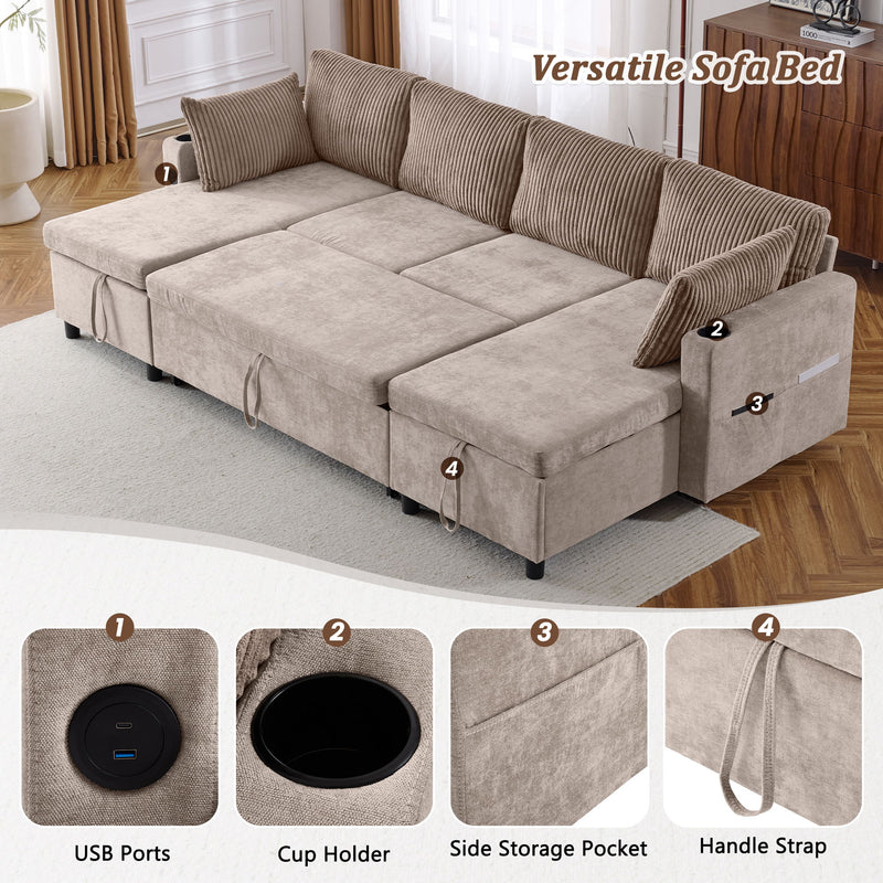 Sectional Sofa Pull Out Sofa Bed Versatile Sofa Sleeper With Large Storage Space, Two USB Ports And Two Cup Holders For Living Room