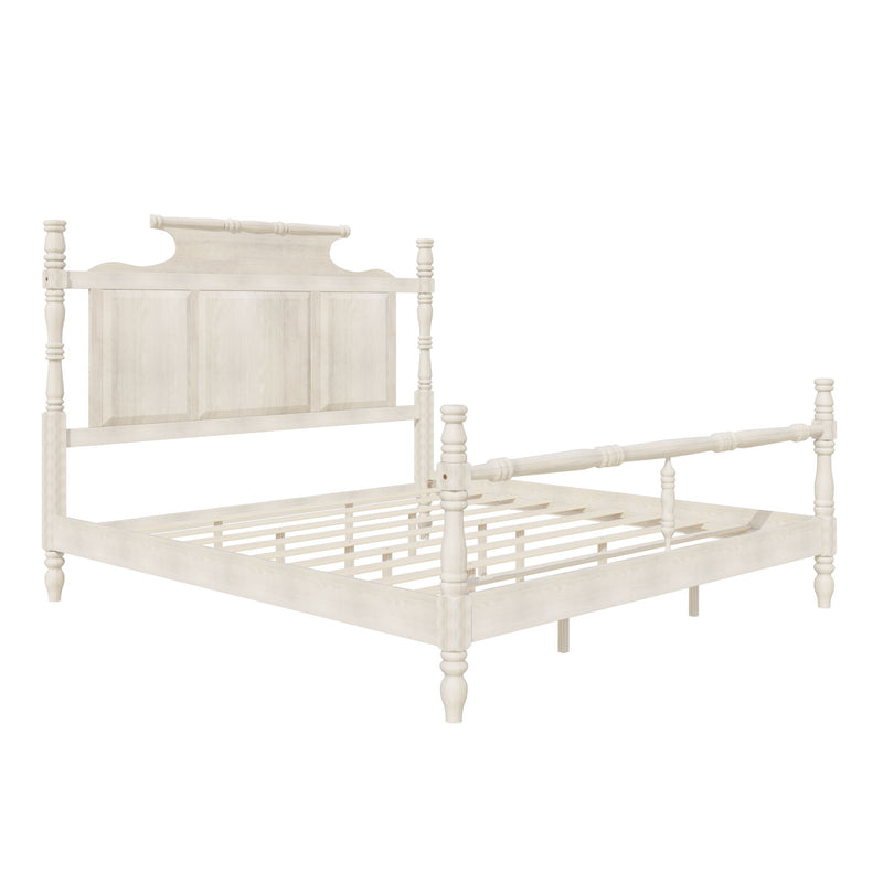 Vintage Country Style 4 Poster Platform Bed With High Crown Like Headboard, No Box Spring Needed