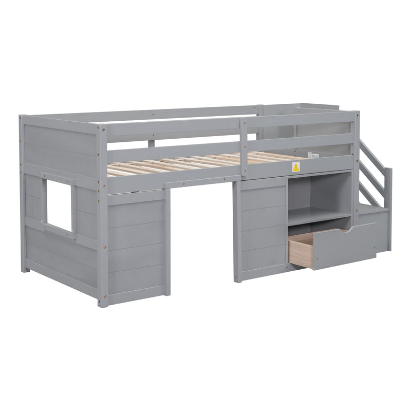 TWIN BED, SOLID WOOD TWIN SIZE LOW LOFT BED WITH STAIR, DRAWER, AND SHELF OF GREY COLOR