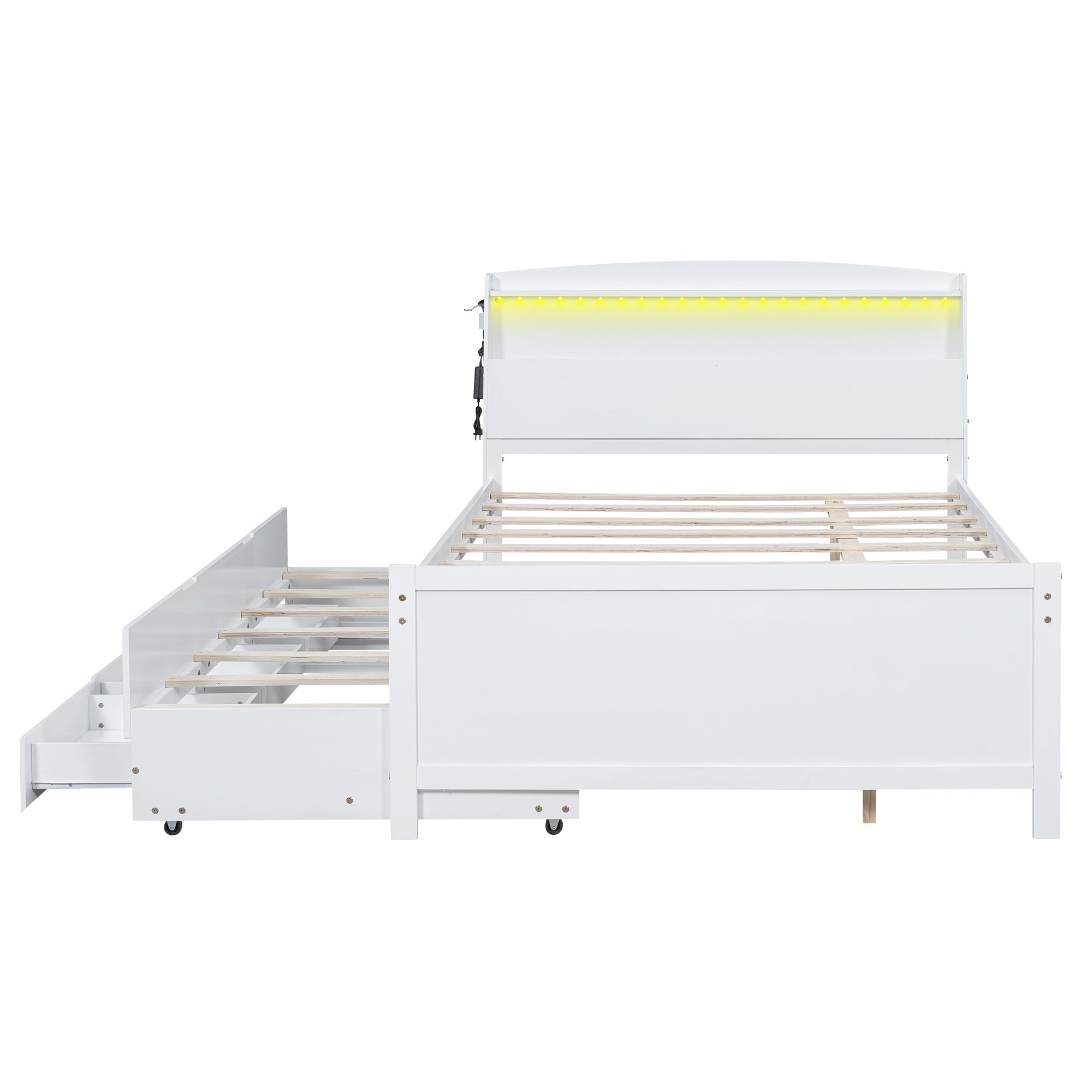 Full Size Platform Bed with Storage LED Headboard, Twin Size Trundle and 3 Drawers, White - Atlantic Fine Furniture Melbourne FL