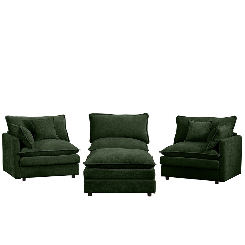 Modular Sectional Sofa 3 Seater L-Shaped Couch Set With Movable Ottoman - Green