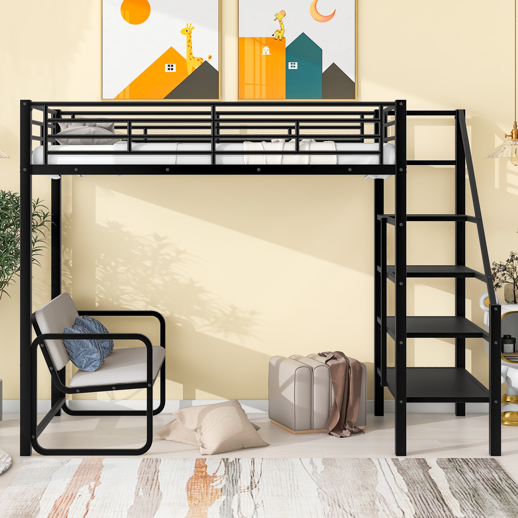 Twin Size Metal Loft Bed with Bench and Storage Staircase, Black - Atlantic Fine Furniture Melbourne FL