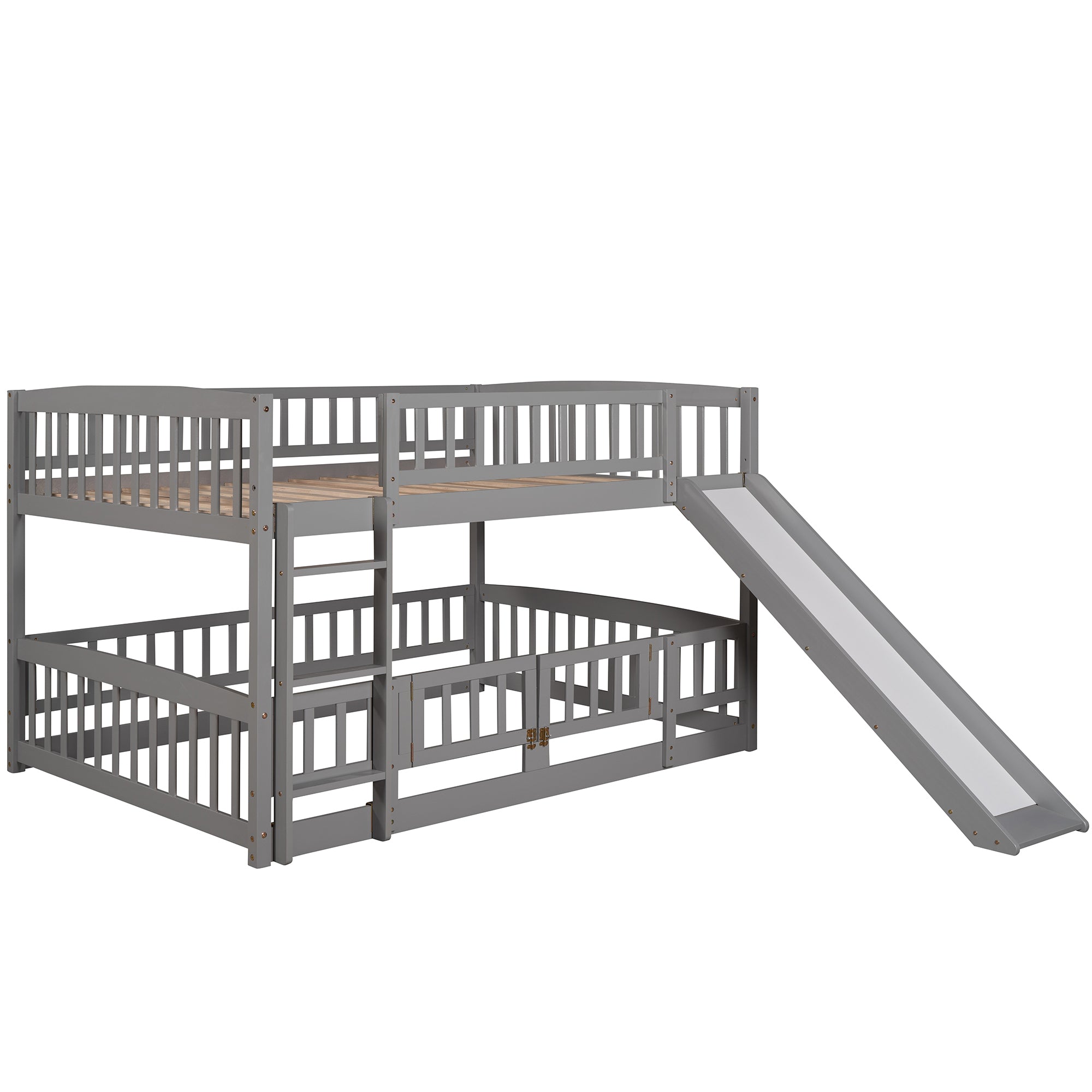 Bunk Bed with Slide,Full Over Full Low Bunk Bed with Fence and Ladder for Toddler Kids Teens Gray - Atlantic Fine Furniture Melbourne FL
