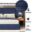 King Size Velvet Bed Frame/Vertical Channel Tufted Wingback Headboard/Upholstered Platform Bed/Strong Wooden Slats/No Box Spring Needed/Easy AssemblyRoyal blue