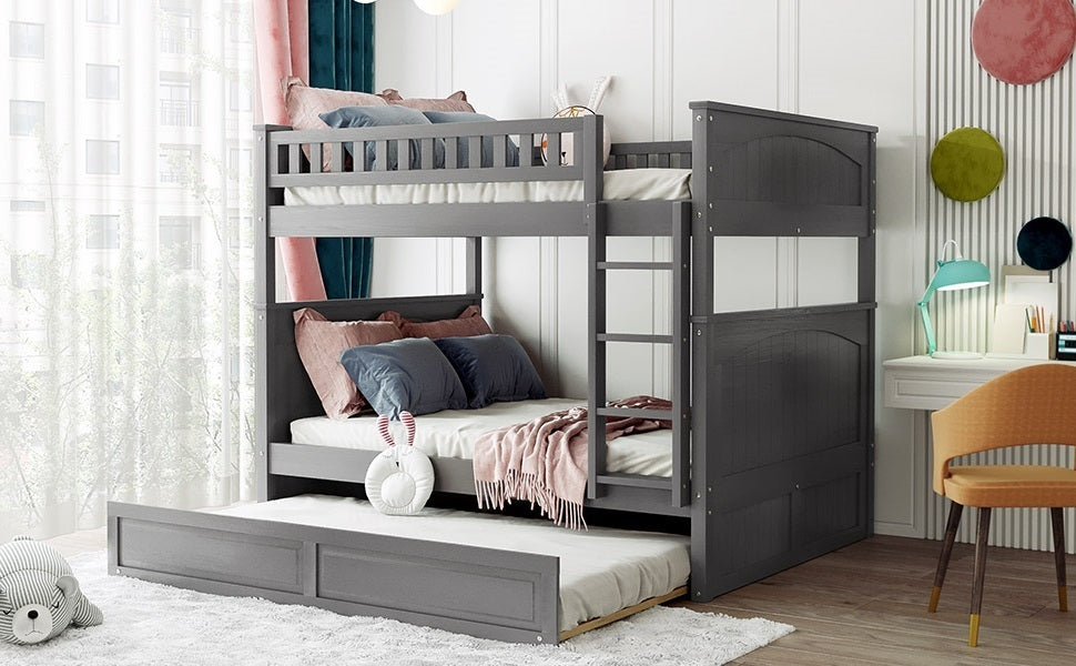 Full Over Full Bunk Bed with Twin Size Trundle, Pine Wood Bunk Bed with Guardrails, Brushed Gray(Old SKU：LP000044AAN)