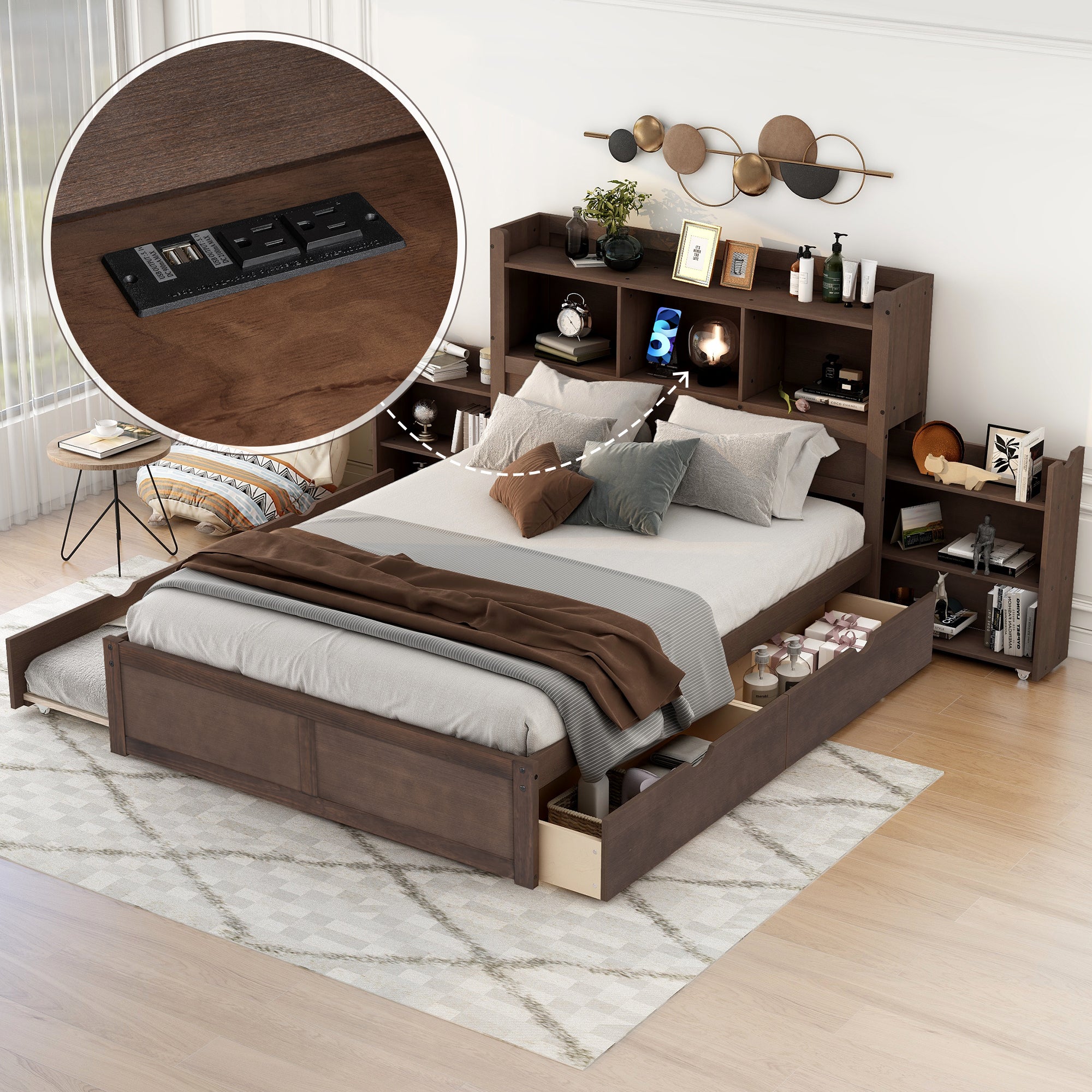 Full Size Storage Platform Bed with Pull Out Shelves, Twin Size Trundle and 2 Drawers, Espresso - Atlantic Fine Furniture Melbourne FL