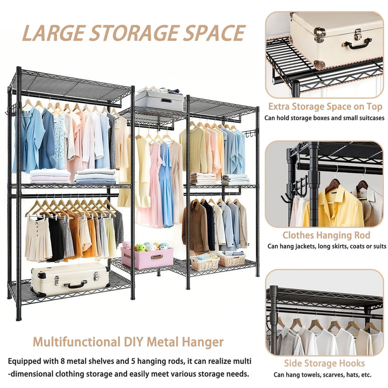Heavy Duty Garment Rack With 8 Adjustable Wire Shelves And 5 Clothes Rails, Freestanding Closet Organizer Metal - Black