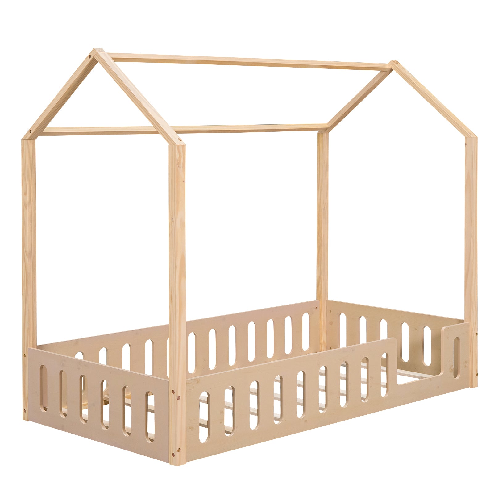 Twin Size Wood House Bed with Fence and Detachable Storage Shelves, Natural - Atlantic Fine Furniture Melbourne FL