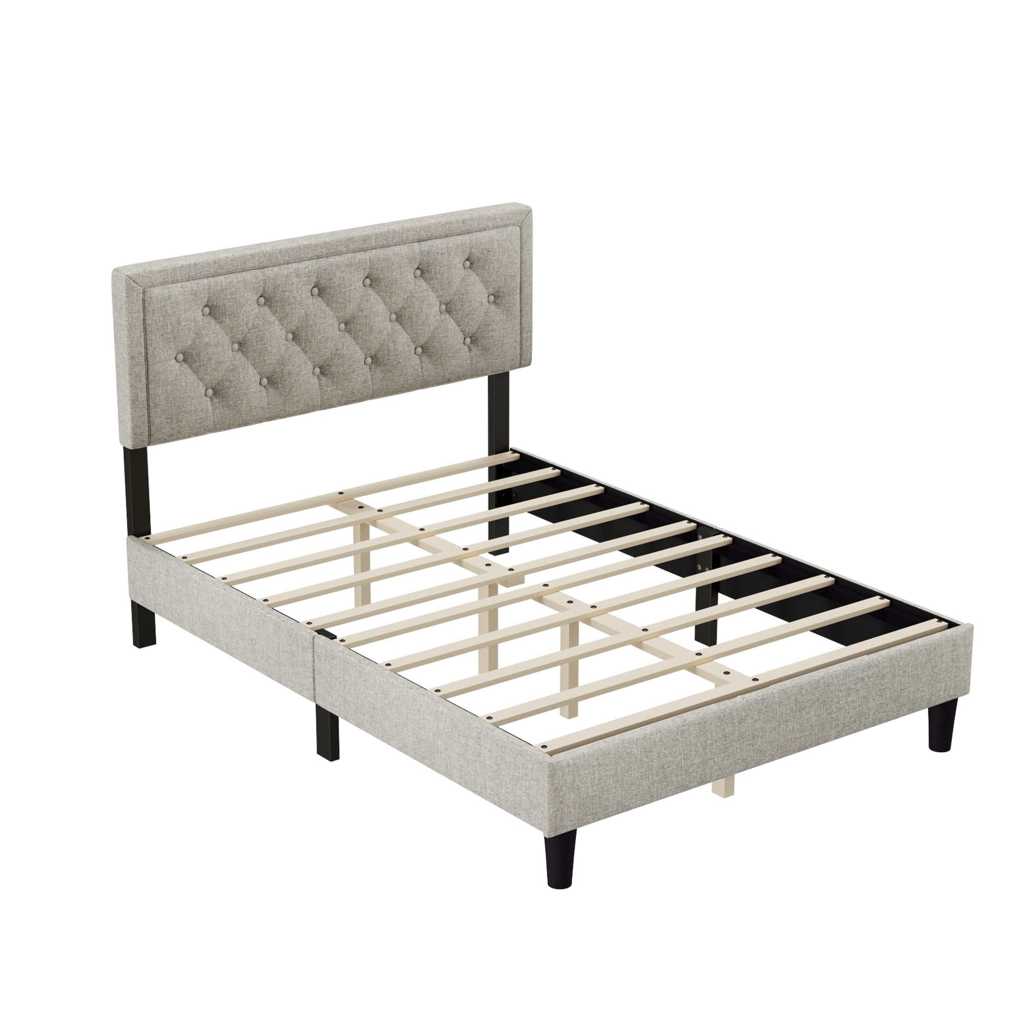 Queen size Panel Bed Frame with Adjustable Button-Tufted Headboard for Bedroom/Linen Upholstered/Wood Slat Support/Easy Assembly,Linen Beige