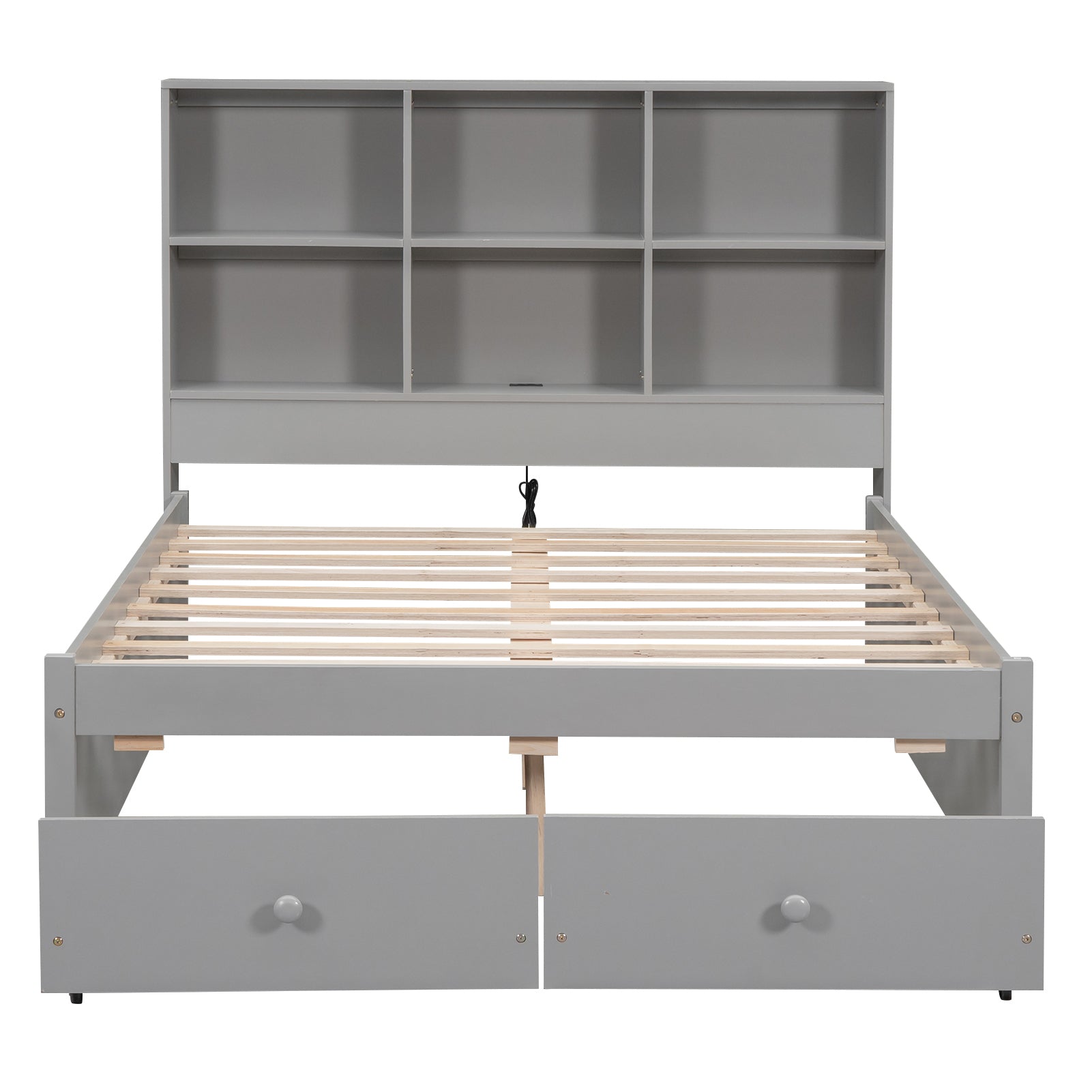 Full Size Platform Bed with Storage Headboard, Charging Station and 2 Drawers, Gray - Atlantic Fine Furniture Melbourne FL