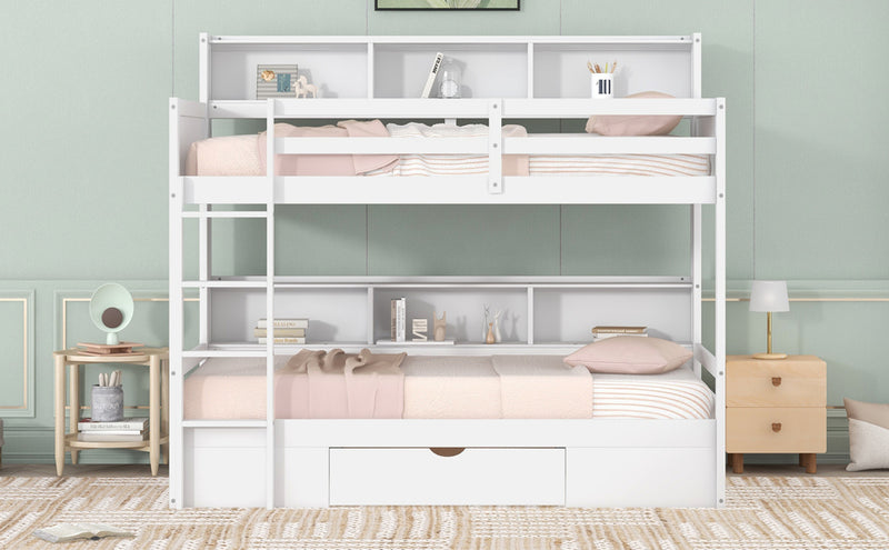 Twin Size Bunk Bed with Built-in Shelves Beside both Upper and Down Bed and Storage Drawer,White