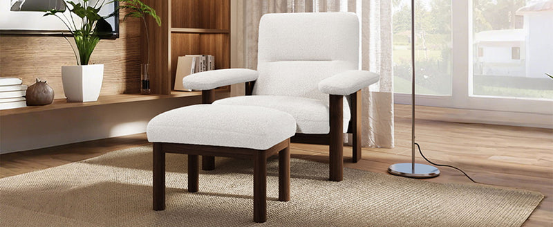Modern Accent Chair With Ottoman, Mid Century Lounge Chair With Footrest, Comfy Fabric Armchair Upholstered Set With Solid Wood Frame For Living Room - White