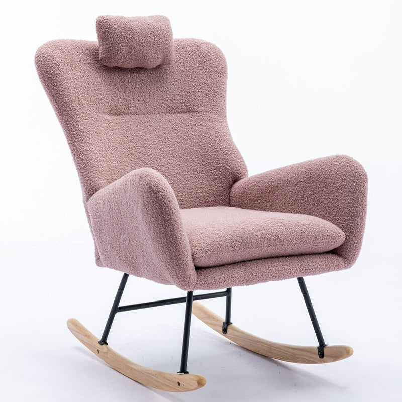 Rocking Chair With Pocket, Soft Teddy Fabric Rocking Chair For Nursery, Comfy Wingback Glider Rocker With Safe Solid Wood Base