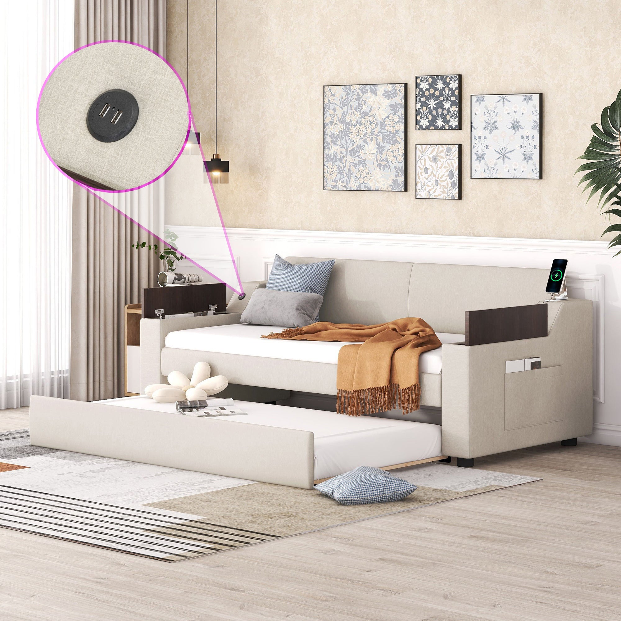 Twin Size Upholstery Daybed with Storage Arms, Trundle and USB Design, Beige - Atlantic Fine Furniture Melbourne FL