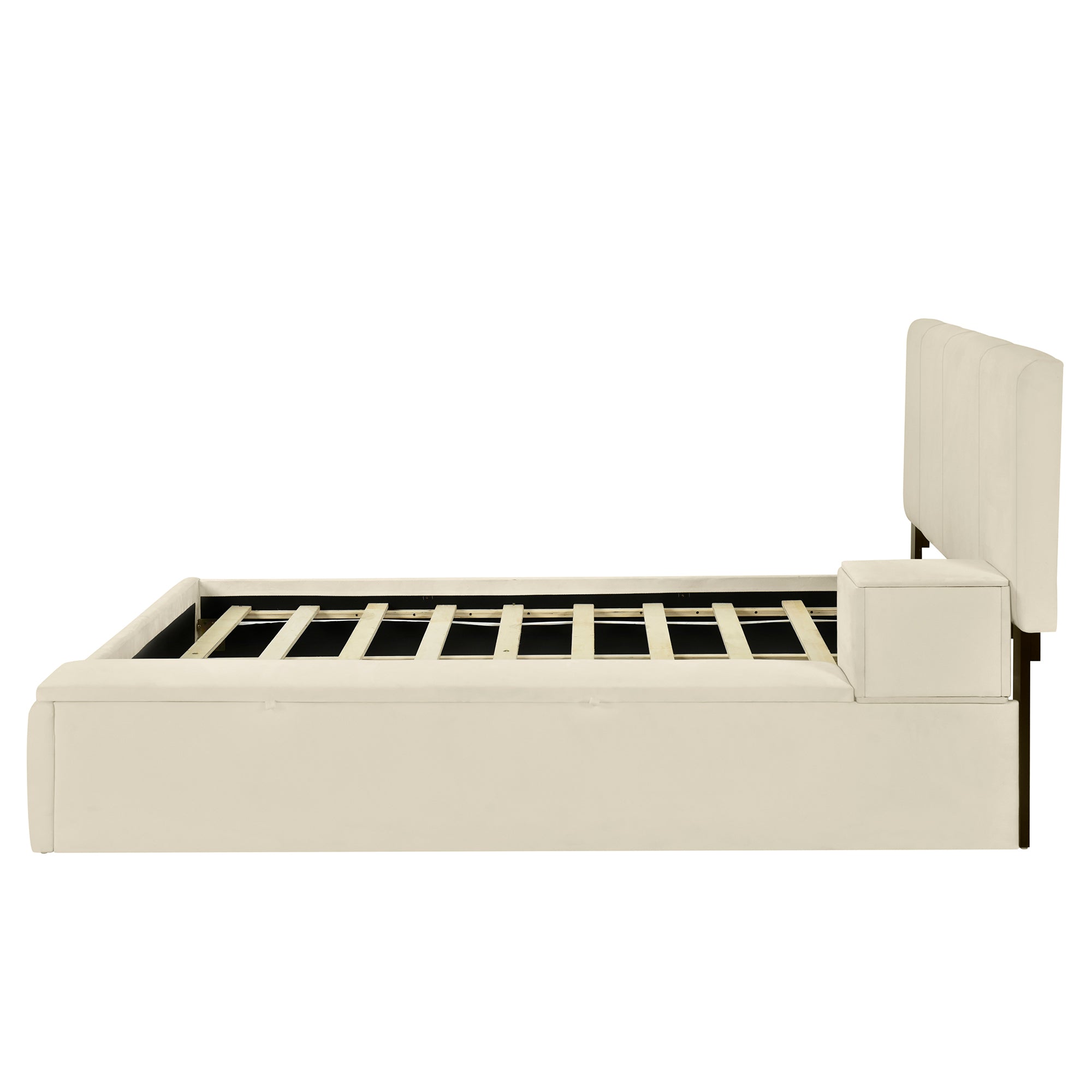 Full Size Upholstered Platform Bed with Lateral Storage Compartments and Thick Fabric, Velvet, Beige - Atlantic Fine Furniture Melbourne FL