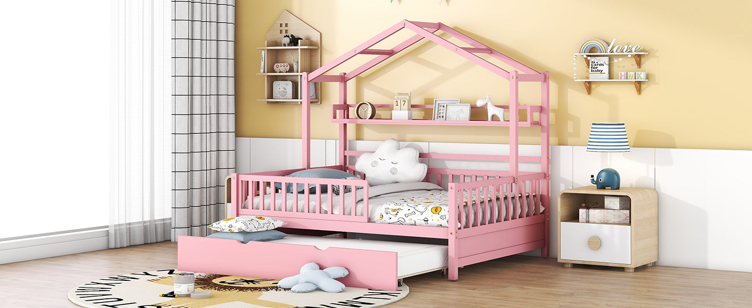 Wooden Full Size House Bed with Twin Size Trundle,Kids Bed with Shelf, Pink - Atlantic Fine Furniture Melbourne FL