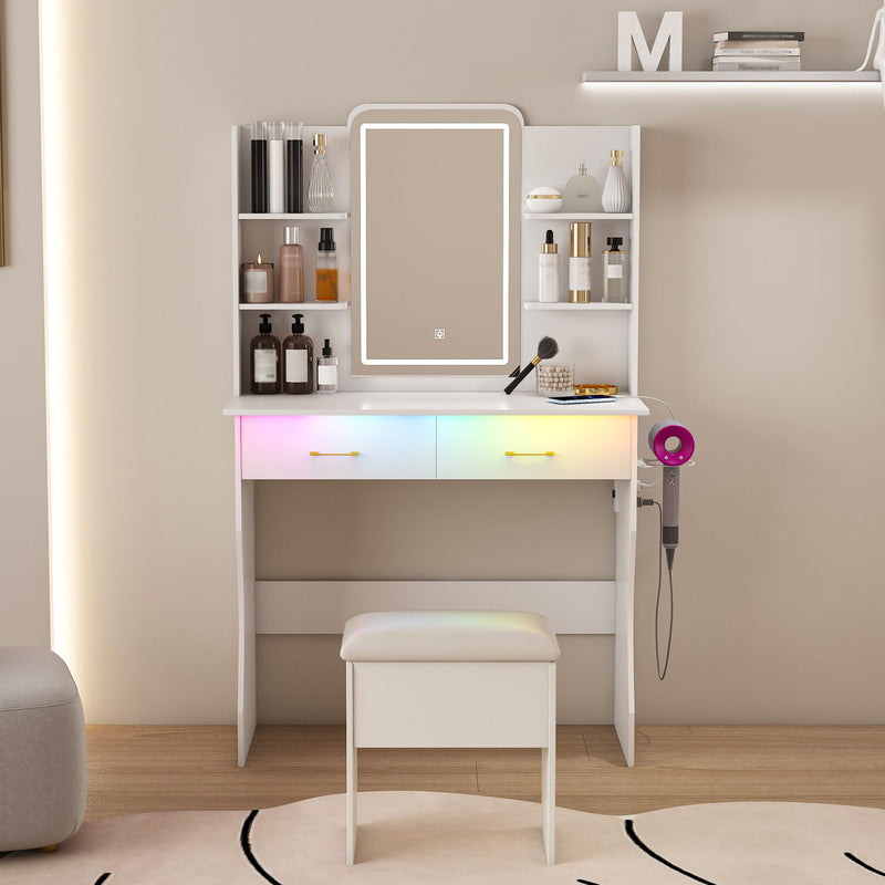 Vanity Desk With LED Lights Mirror, Power Outlet, Storage Drawers & Chair - White