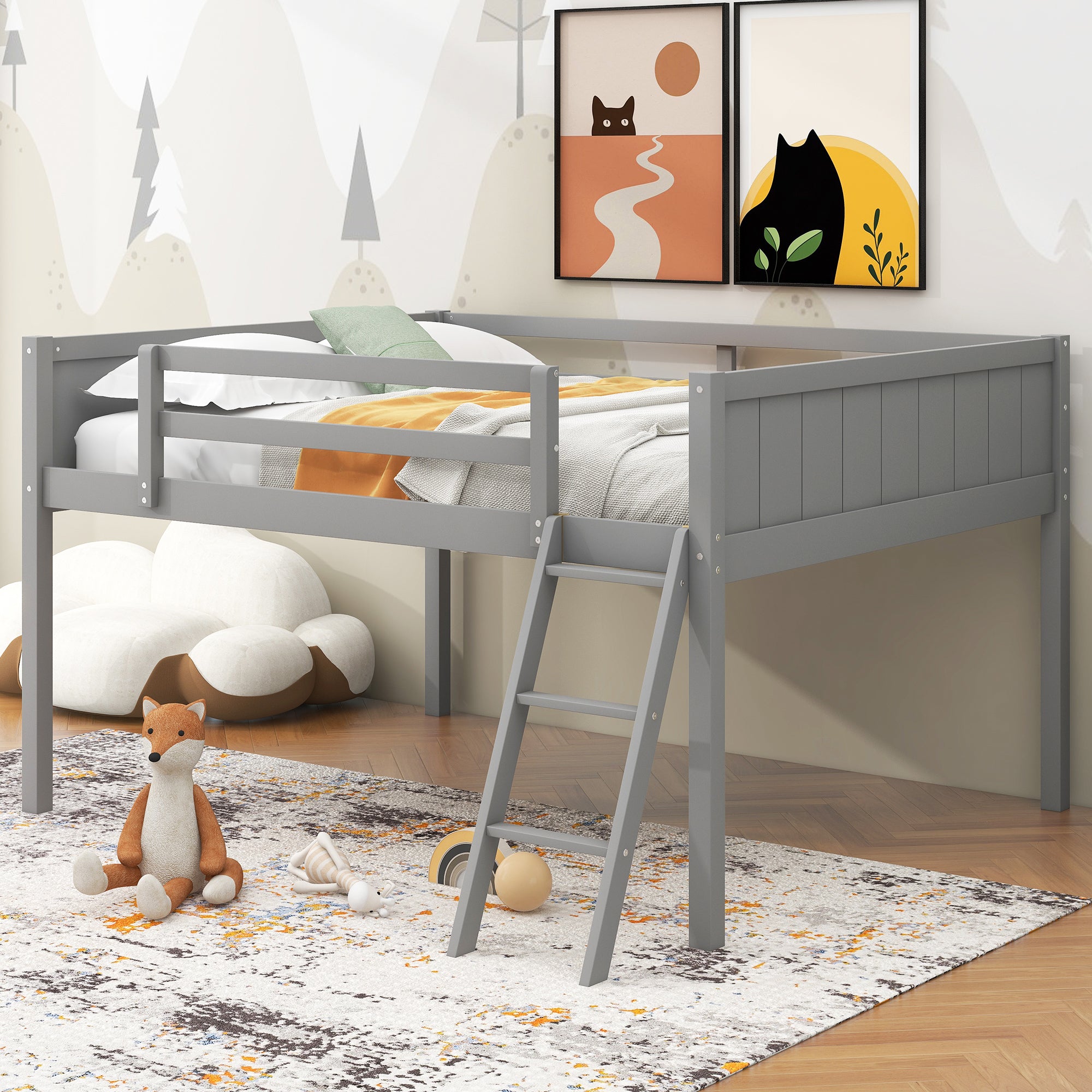 Full Size Wood Loft Bed with Ladder, ladder can be placed on the left or right, Gray - Atlantic Fine Furniture Melbourne FL