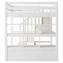 Full Size Loft Bed With Desk And Shelves, 2 Built In Drawers, Storage Staircase - Natural / White