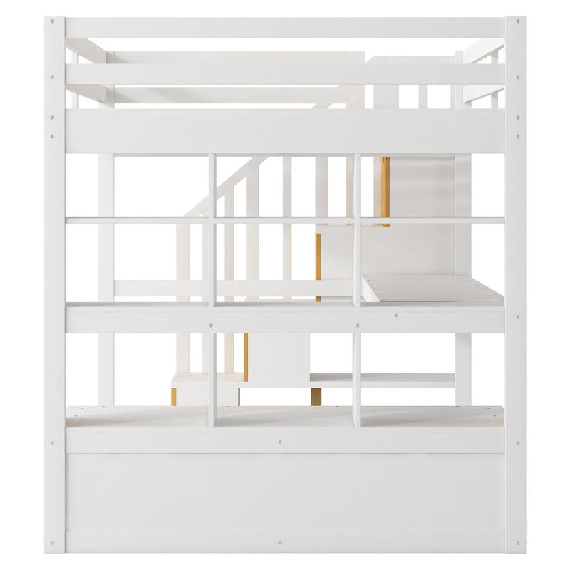 Full Size Loft Bed With Desk And Shelves, 2 Built In Drawers, Storage Staircase - Natural / White