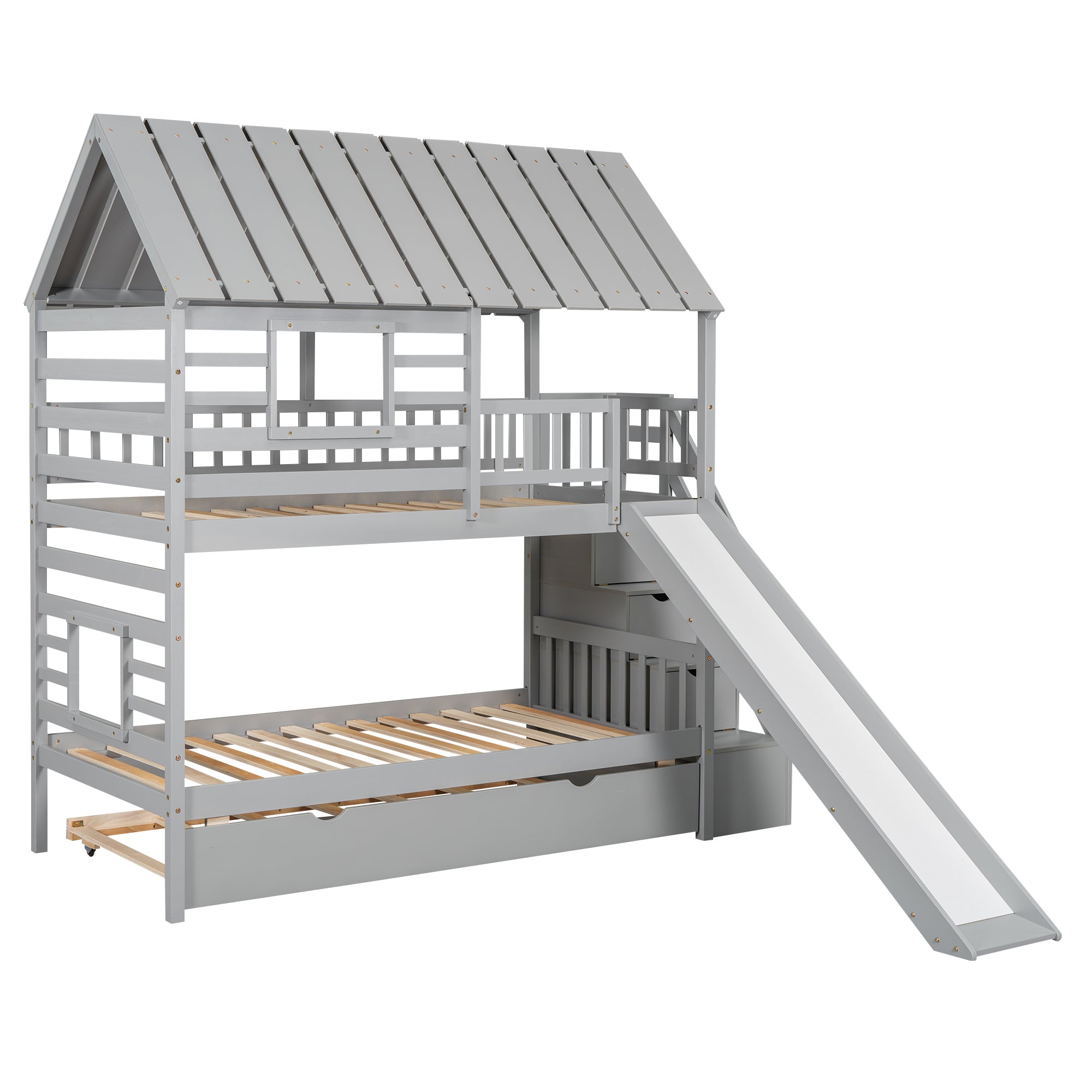 Twin over Twin House Bunk Bed with Trundle and Slide, Storage Staircase, Roof and Window Design, Gray(Old SKU: GX000931AAE) - Atlantic Fine Furniture Melbourne FL