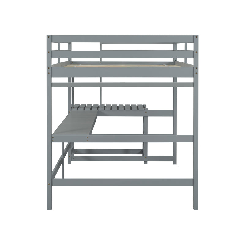 Full Loft Bed with Built-in Desk, Ladder Platform, Ladders, Guardrails,Grey