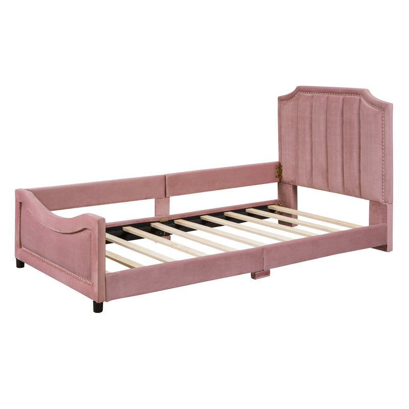 Twin Size Upholstered Daybed with Classic Stripe Shaped  Headboard, Pink