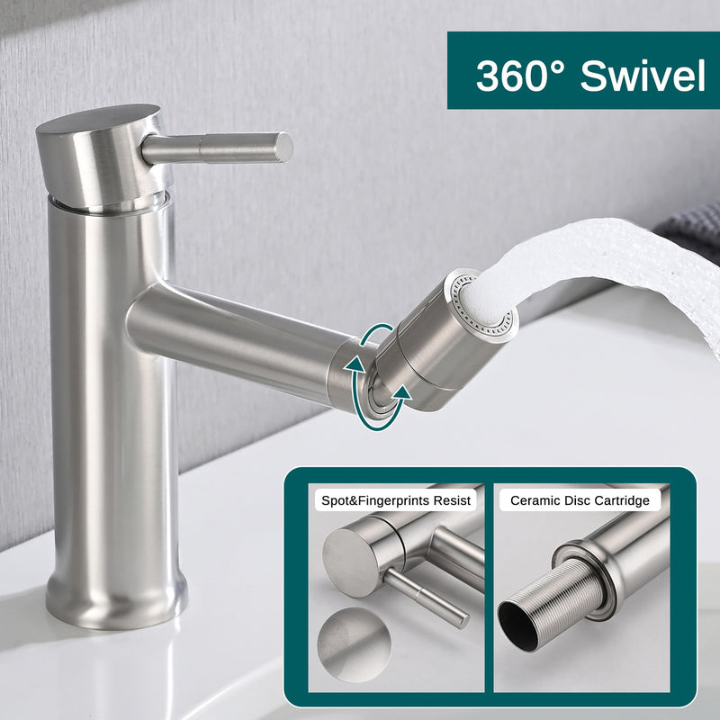 Bathroom Faucet With 2 Mode Functionality And 360 Degree Rotating Aerator Stainless Steel - Brushed Nickel