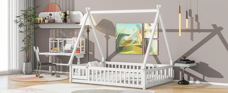 Full Tent-shaped Floor Bed, with Guardrails, Slats, Door ,White