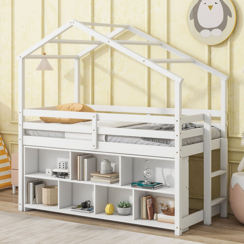 House Loft Bed With Roof Frame, Under Bed Shelving Storage Unit, Guardrails, Ladder