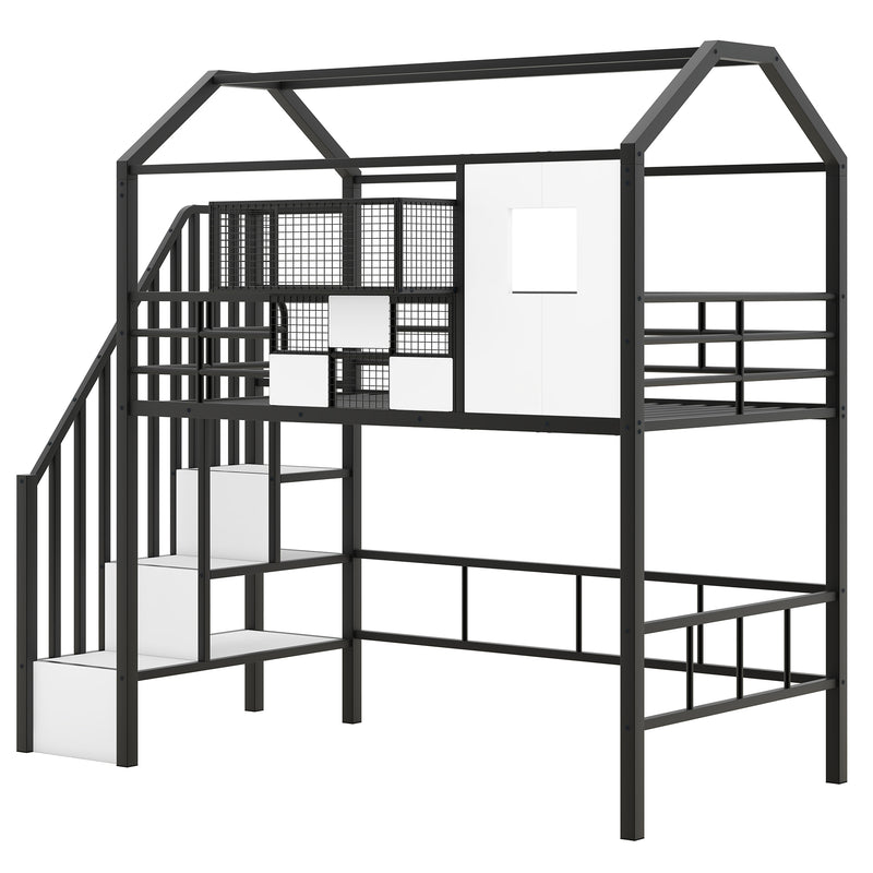 Metal Loft Bed with roof design and a storage box, Twin, Black