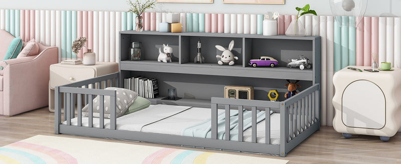 Floor Bed With Bedside Bookcase, Shelves, Guardrails