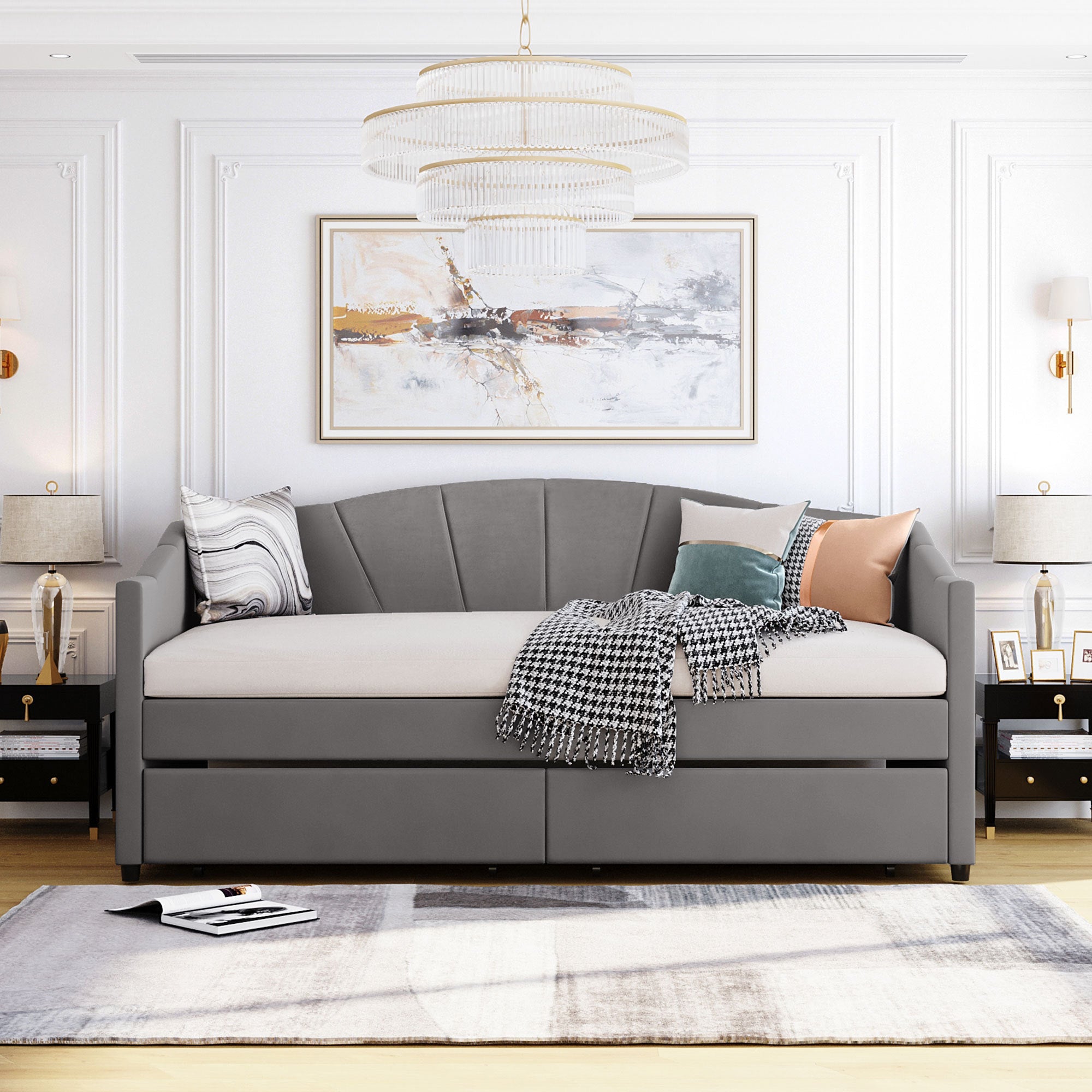 Upholstered daybed Twin Size with Two Drawers and Wood Slat  ,Gray - Atlantic Fine Furniture Melbourne FL