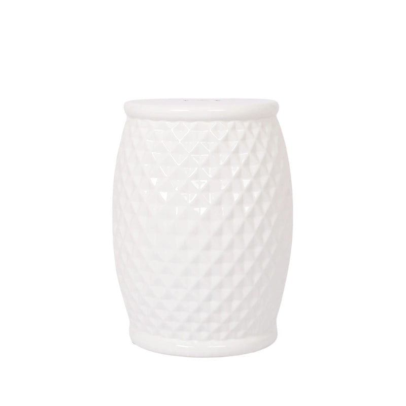 Glazed Ceramic Drum Stool Indoor / Outdoor Side Table Ceramic - White