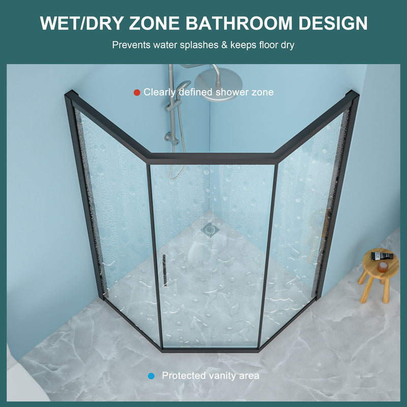 Diamond Shaped Corner Shower Door, Inward Sliding, Stainless Steel Frame