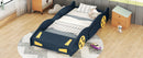 Twin Size Race Car-Shaped Platform Bed with Wheels and Storage, Dark Blue+Yellow