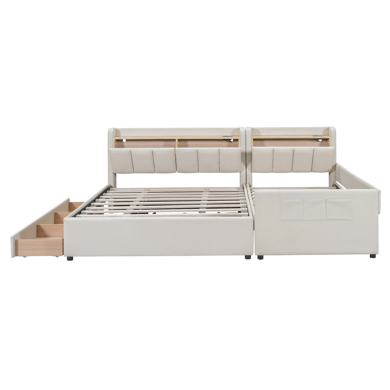Queen Size & Twin XL Size Upholstered Platform Bed, Mother & Child Bed with Hydraulic Storage System, Drawer Box, Bedhead storage shelf and Two pairs of sockets & USB Ports, PU Leather, Beige