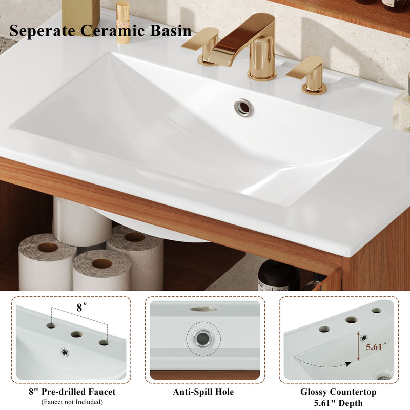 Bathroom Vanity With Sink, Minimalist Design, 45 Degrees Free Handle Doors - Antique Natural