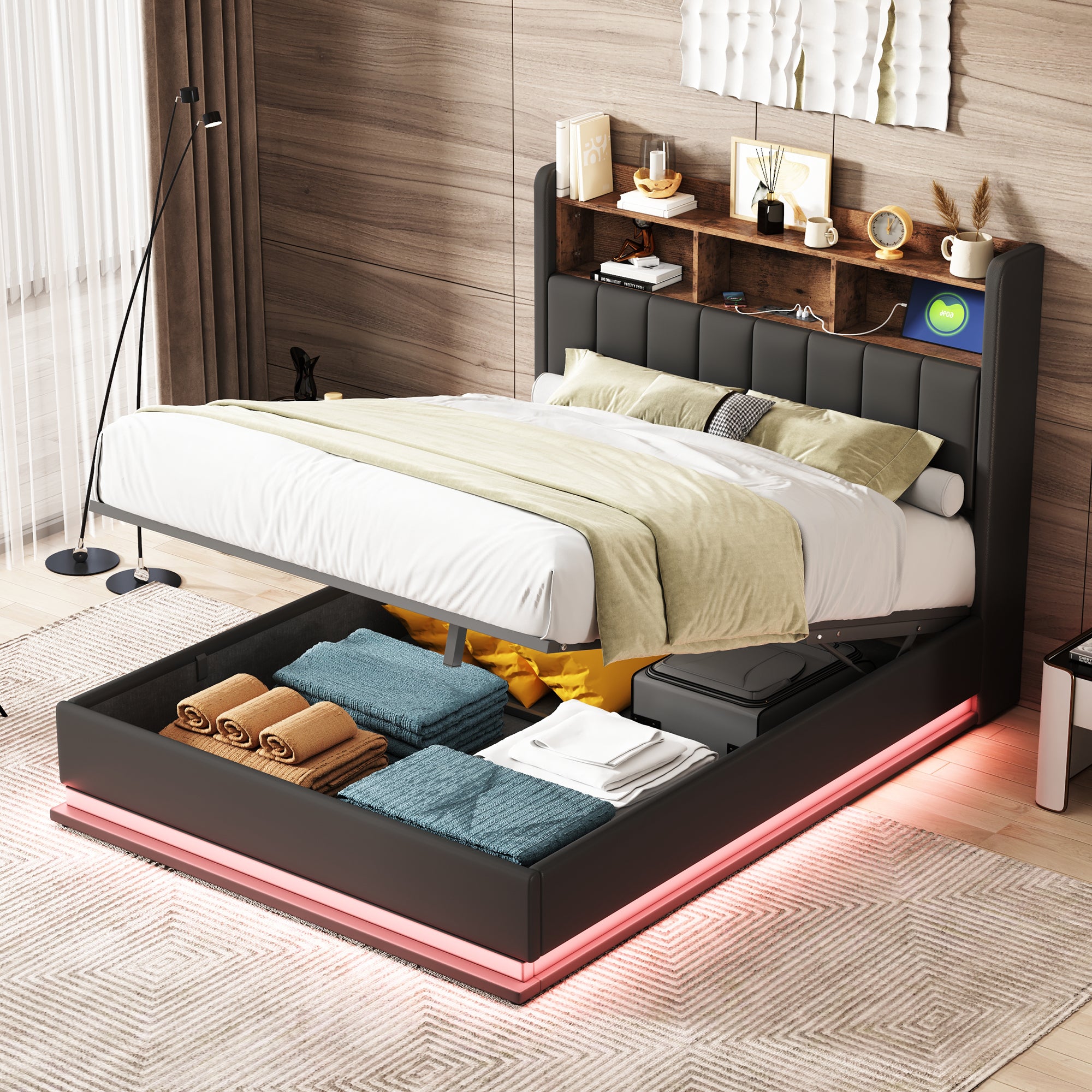 Full Size  Upholstered Platform Bed with Storage Headboard and Hydraulic Storage System, PU Storage Bed with LED Lights and USB charger, Black - Atlantic Fine Furniture Melbourne FL