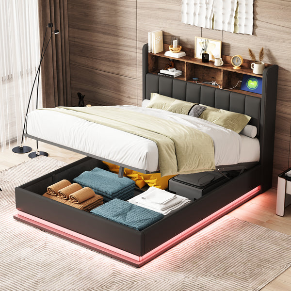 Full Size  Upholstered Platform Bed with Storage Headboard and Hydraulic Storage System, PU Storage Bed with LED Lights and USB charger, Black