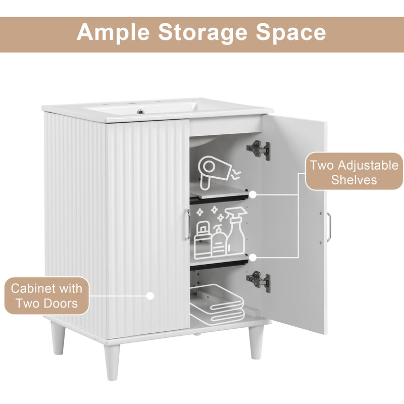 Bathroom Vanity With Sink, Bathroom Vanity Cabinet With Two Doors, Adjustable Shelves, Solid Wood And MDF - White