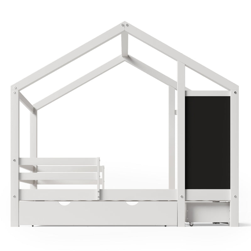 Twin House Bed With Blackboard And Drawers, 2 Assembly Options - White