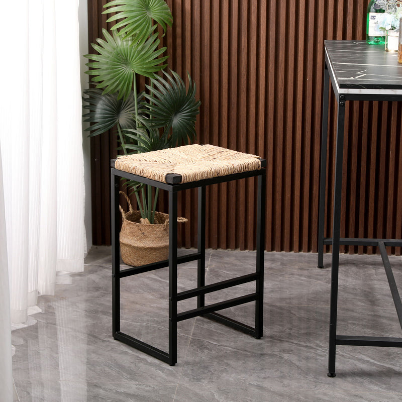 (Set of 2) Backless Water Hyacinth Woven Bar Stools With Footrest, Natural Finish, Metal Frame, 25" Height