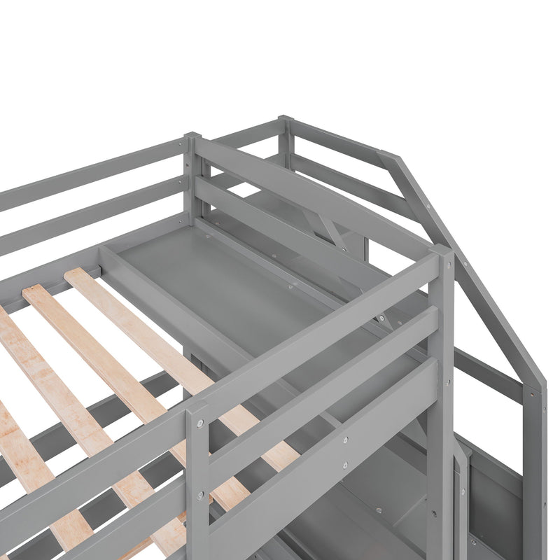Twin Over Twin & Twin Bunk Bed With Drawers, Staircase Storage, Built In Shelves - Gray