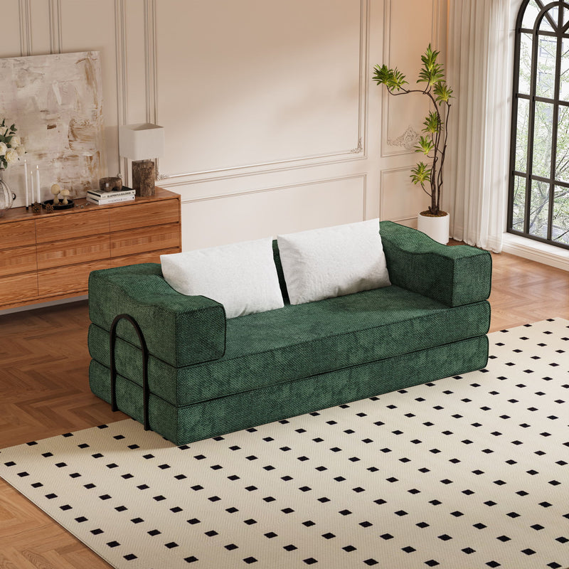 Convertible Couch Bed With 2 Pillows, 3 Seat Folding Floor Couch & King Size Bed Mattress, Diy Combination - Green