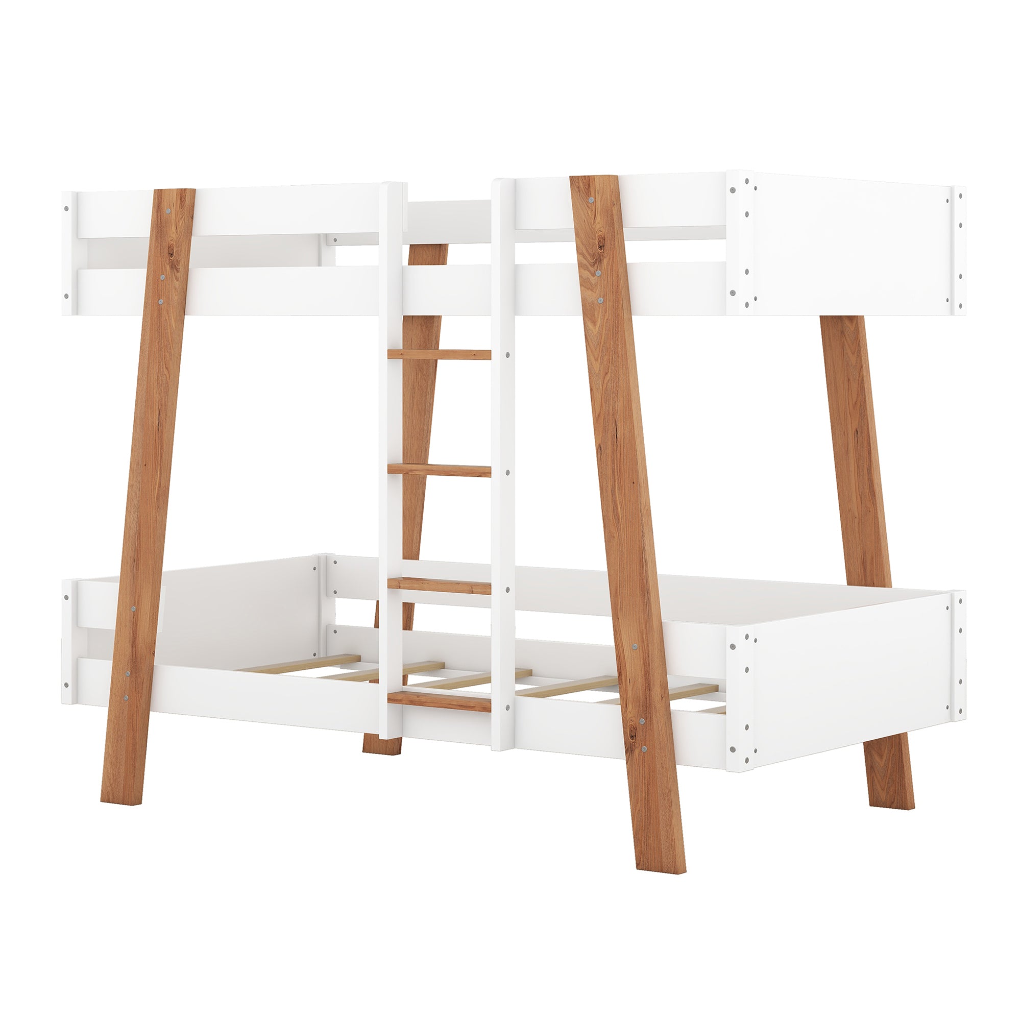 Wood Twin Size Bunk Bed with Built-in Ladder and 4 Wood Color Columns, White - Atlantic Fine Furniture Melbourne FL