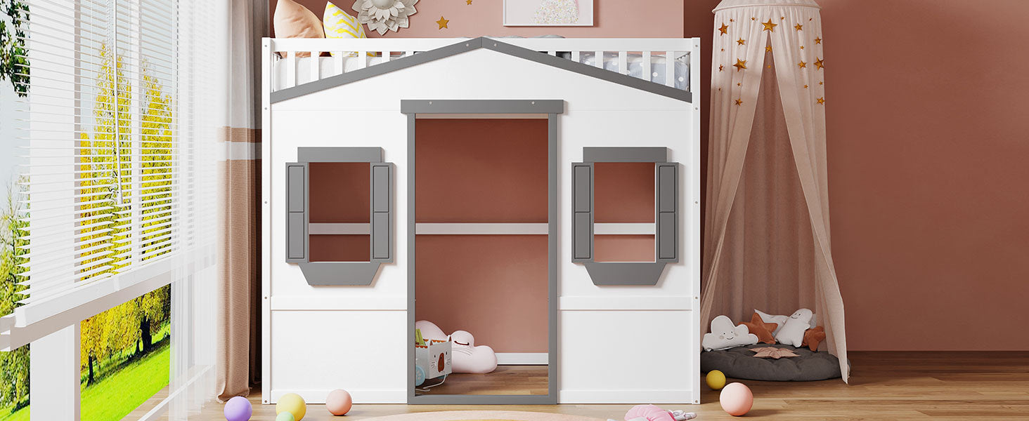 Twin Size House Loft Bed With Ladder-White+Gray Frame - Atlantic Fine Furniture Melbourne FL